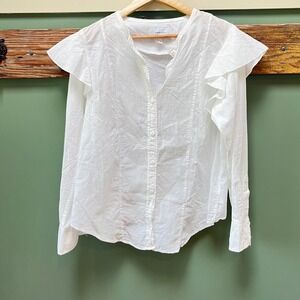 Current/Elliott Womens White Cotton Ruffle Shoulder Button Down Blouse‎ Size 2